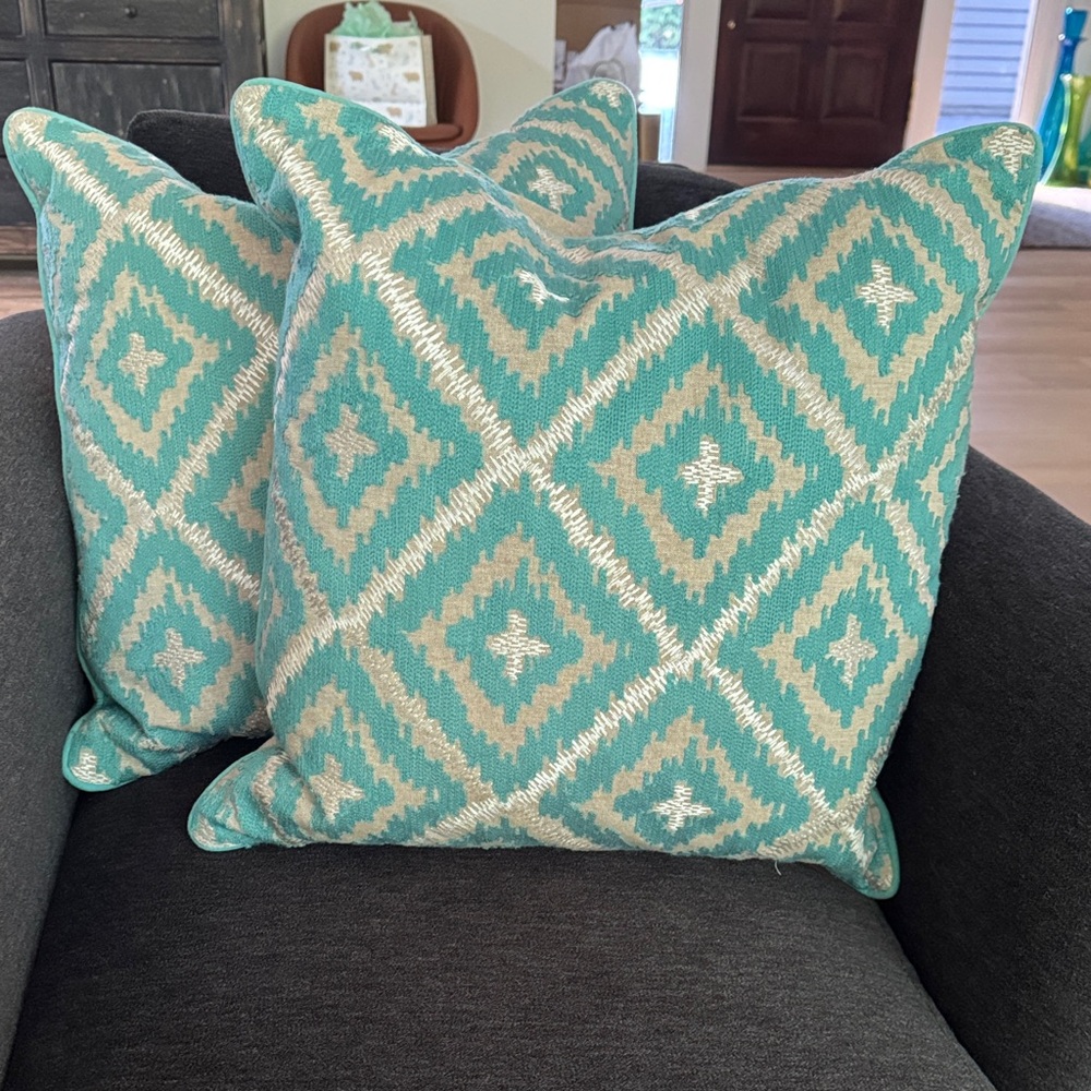 Devi Designs Turquoise and Cream Diamond Pattern Throw Pillows